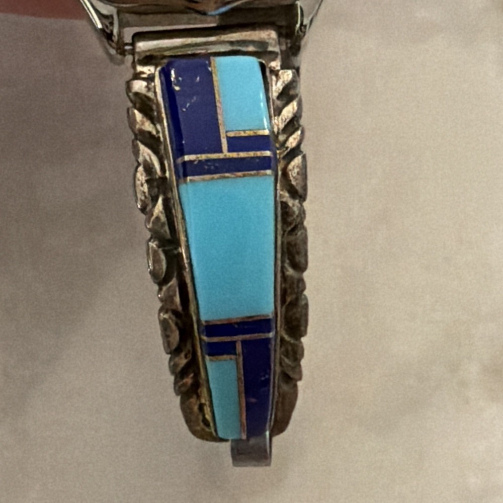 Navajo, turquoise Watch , Sodalite/Lapis inlay - Picture 9 of 13